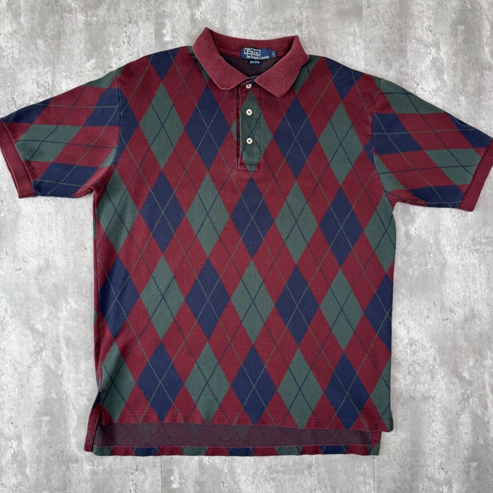 Vintage Polo Ralph Lauren Shirt Mens L Argyle Rugby Preppy Short Sleeve 90s